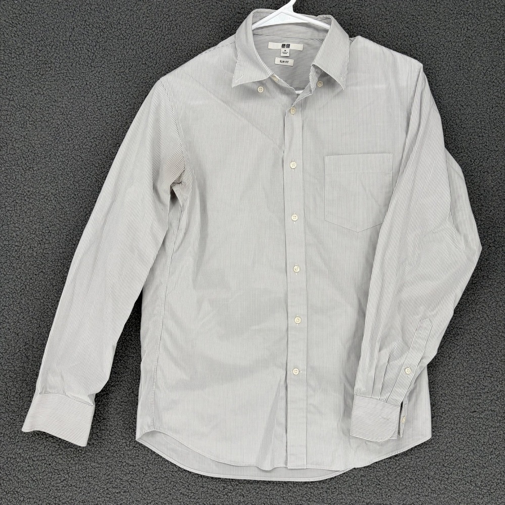 Uniqlo Slim Fit Shirt Mens Medium Grey White Stripe Long Sleeve Cotton Stretch